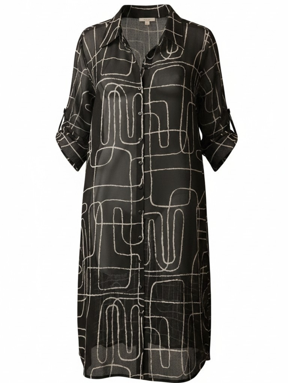 Sheer Button-Front Midi Shirt Dress in Black with White Abstract Print